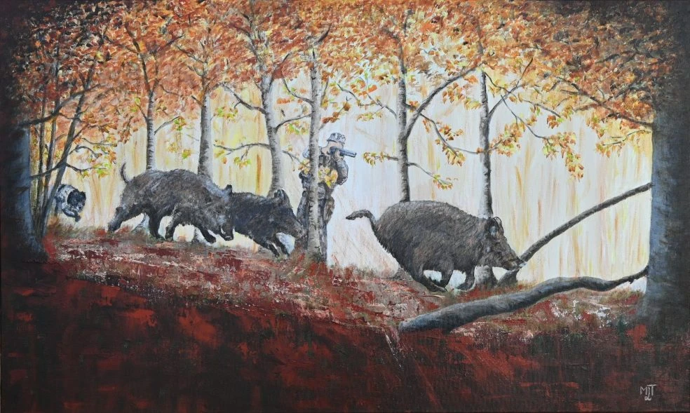 Chasse aux sangliers en Montagne Noire, Occitanie (100 x 60 cm)