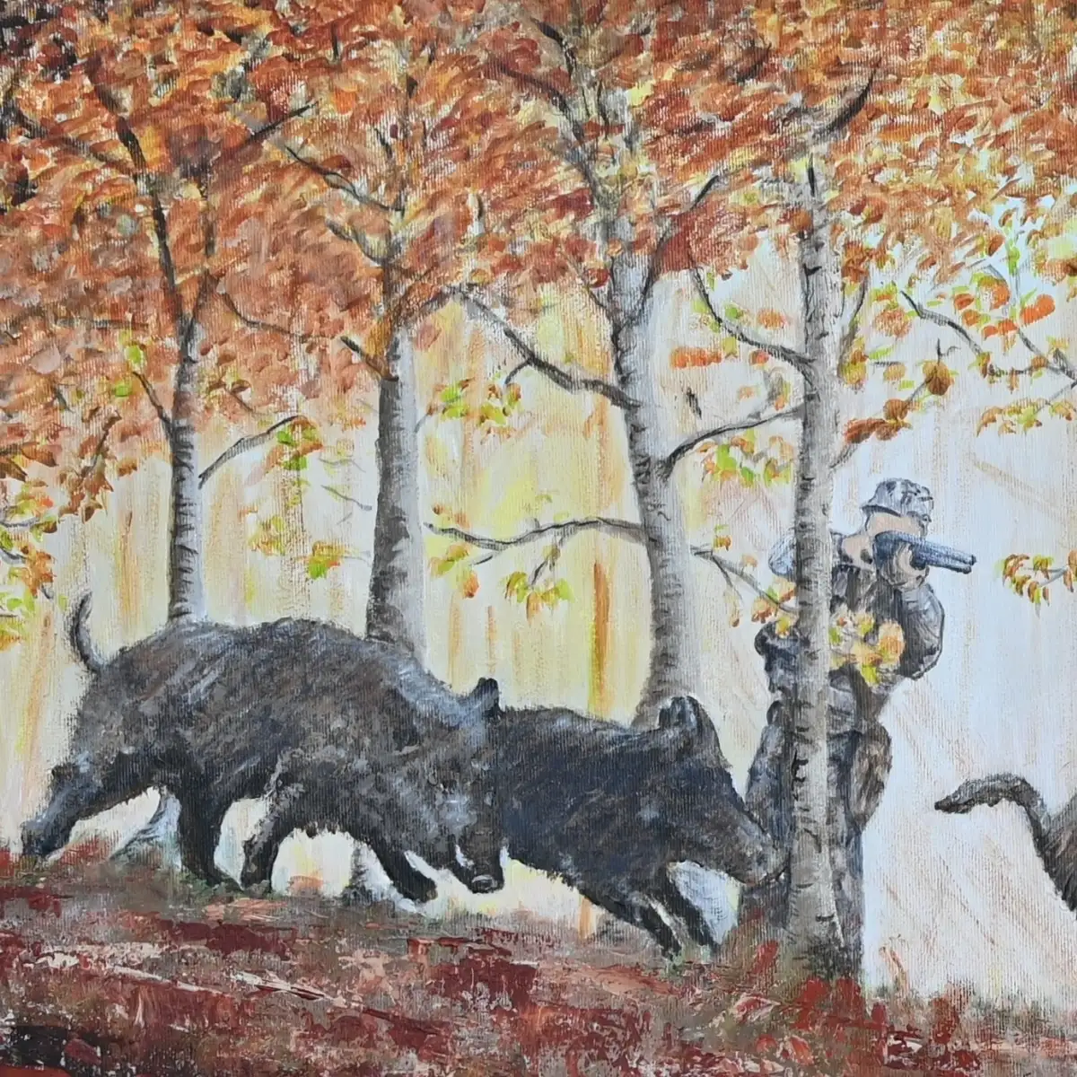 Chasse aux sangliers en Montagne Noire, Occitanie (100 x 60 cm)